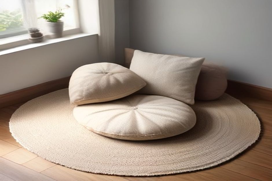A simple meditation cushion on a woven mat in a quiet room with warm natural light