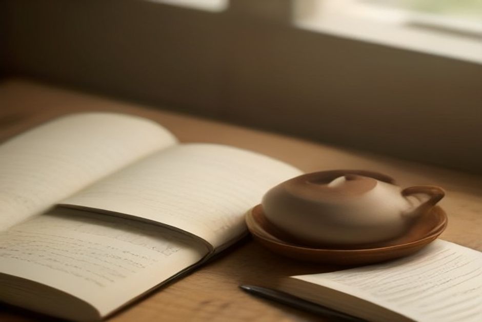 A single cup of tea, a notebook, and a small clock on a wooden table in soft daylight, minimalist composition