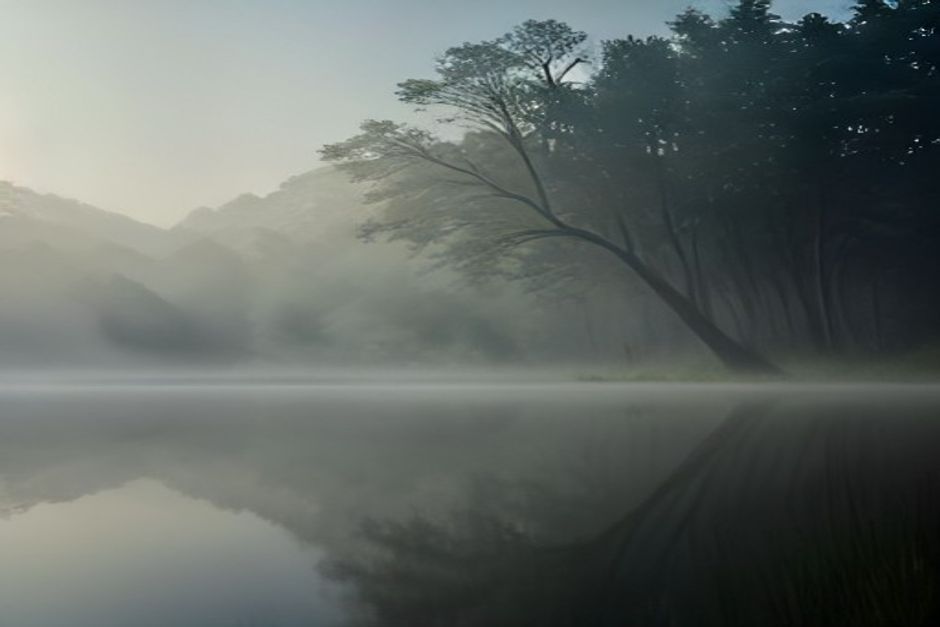 Morning fog partially clearing over a still lake, a single tree emerging from the mist in soft gray-green light
