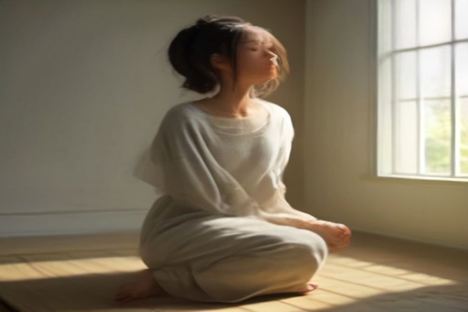 A person seated tall in meditation posture with hands resting on knees, warm side light on natural linen clothing