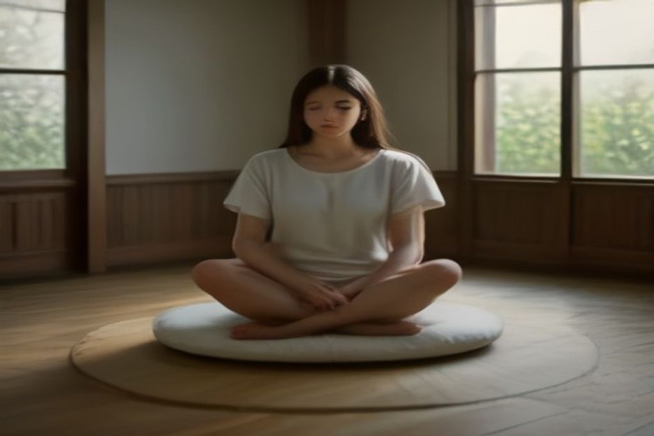 A practitioner seated tall in meditation posture on a cushion, hands on knees, eyes closed, in a quiet room with warm natural light