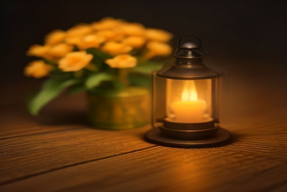 A small brass oil lamp with a steady flame beside marigold flowers on a wooden surface, warm natural light