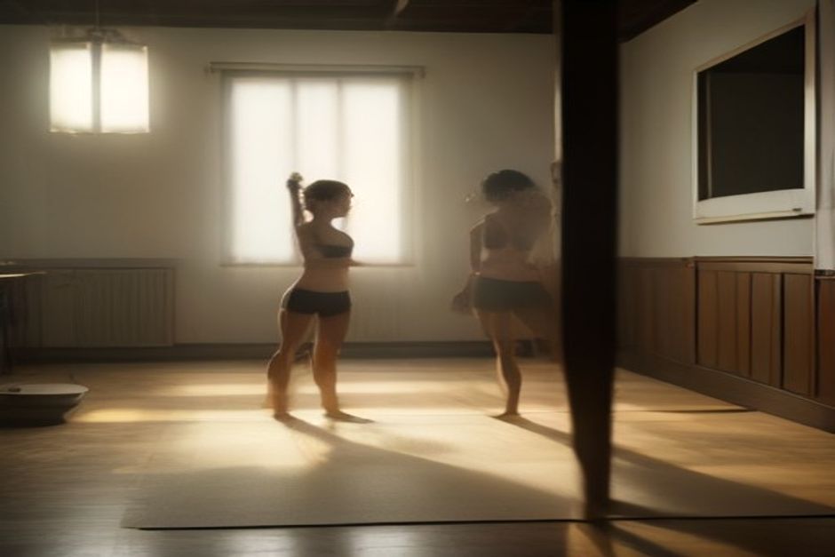Practitioners in a mirrored hot yoga studio mid-standing pose, towels on mats, warm hazy light