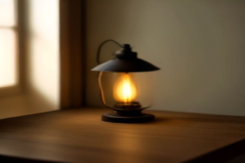 A single lit oil lamp on a wooden table in a dim, calm room with earth-toned walls