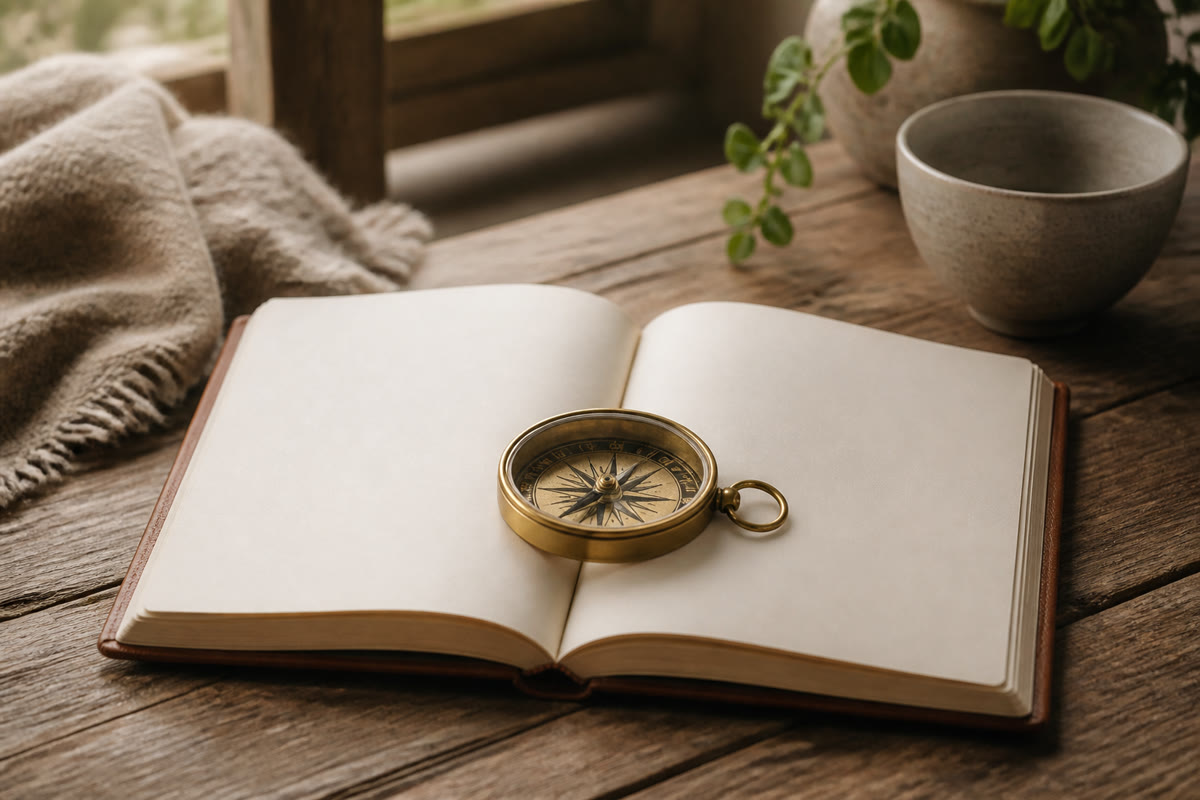 A brass compass resting on an open blank notebook on a wooden table, soft morning light, earth tones
