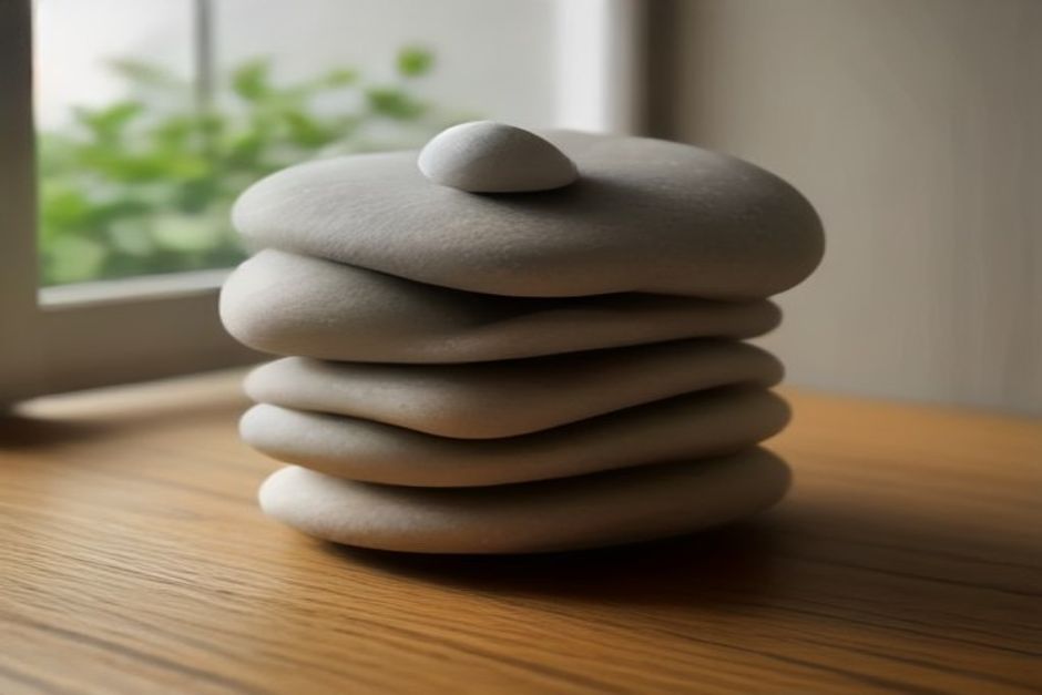Seven smooth stones stacked in a small cairn on a wooden floor in soft natural window light