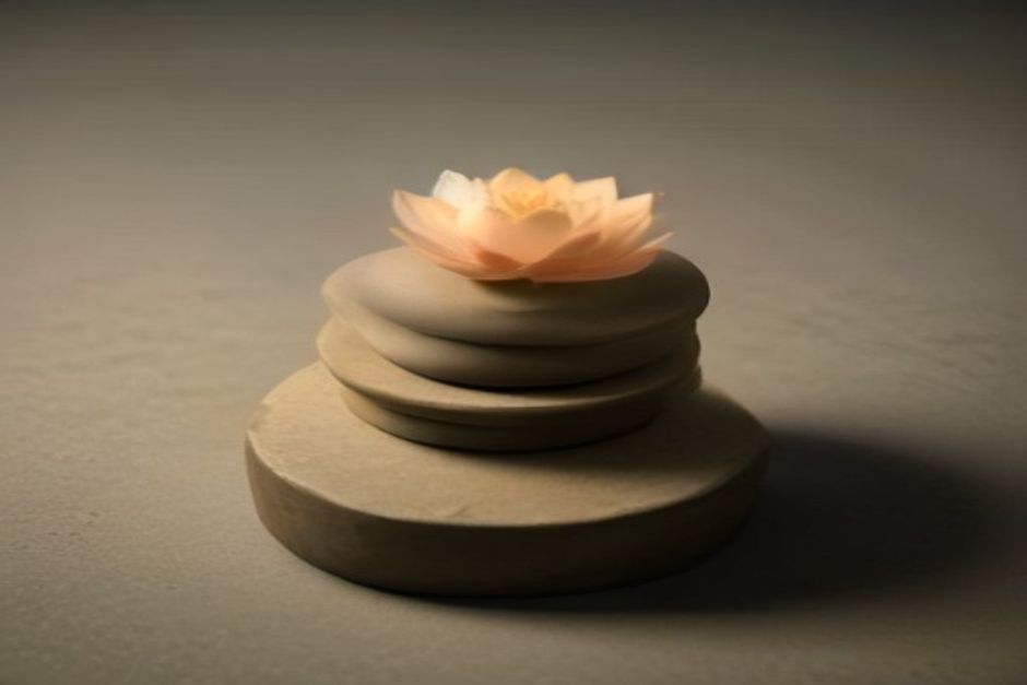 Lotus flowers and meditation stones arranged in calm earth tones