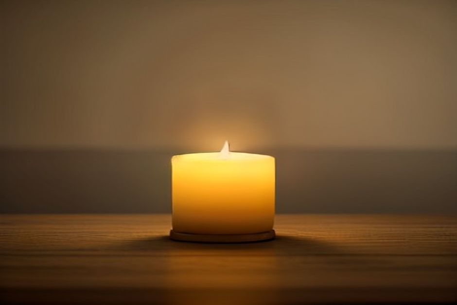A single beeswax candle flame burning steadily in a dim, quiet room
