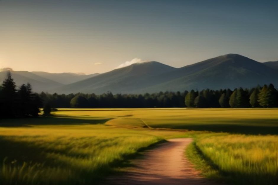 A single dirt path crossing a quiet meadow at golden hour, leading toward distant hills