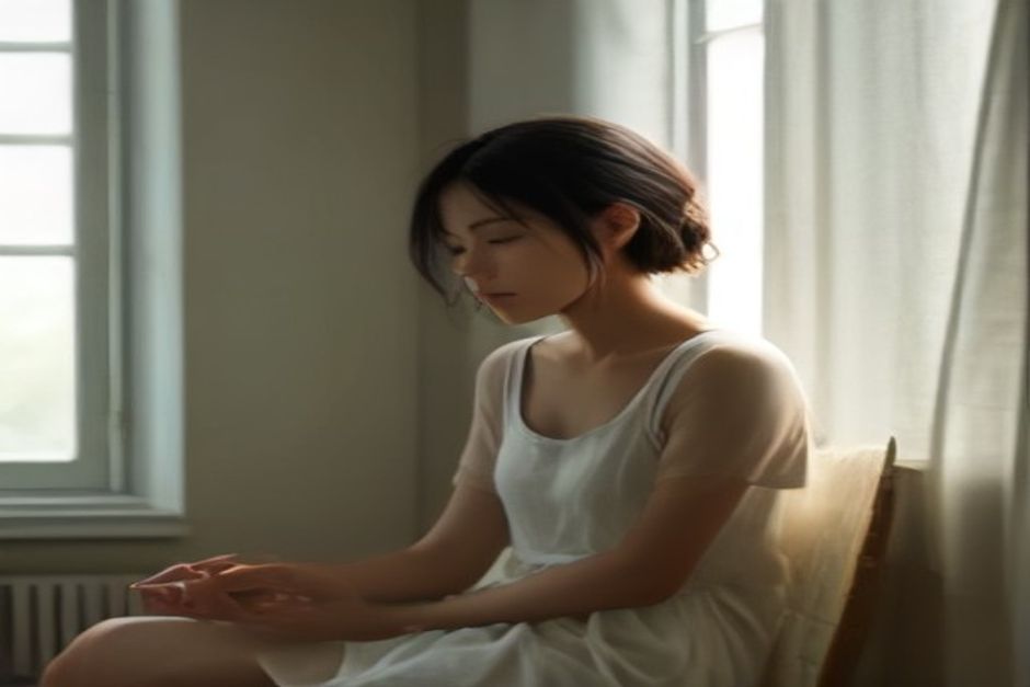 A person sitting cross-legged in quiet meditation beside a sunlit window with linen curtains