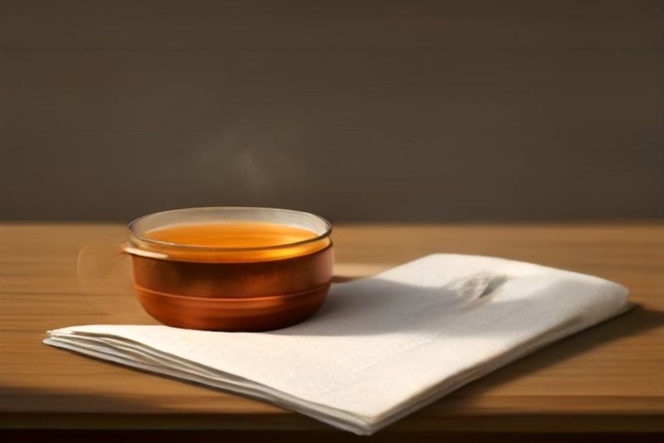 Morning still life: a copper cup of water, a small oil bottle, and a folded towel on a wooden table in warm light