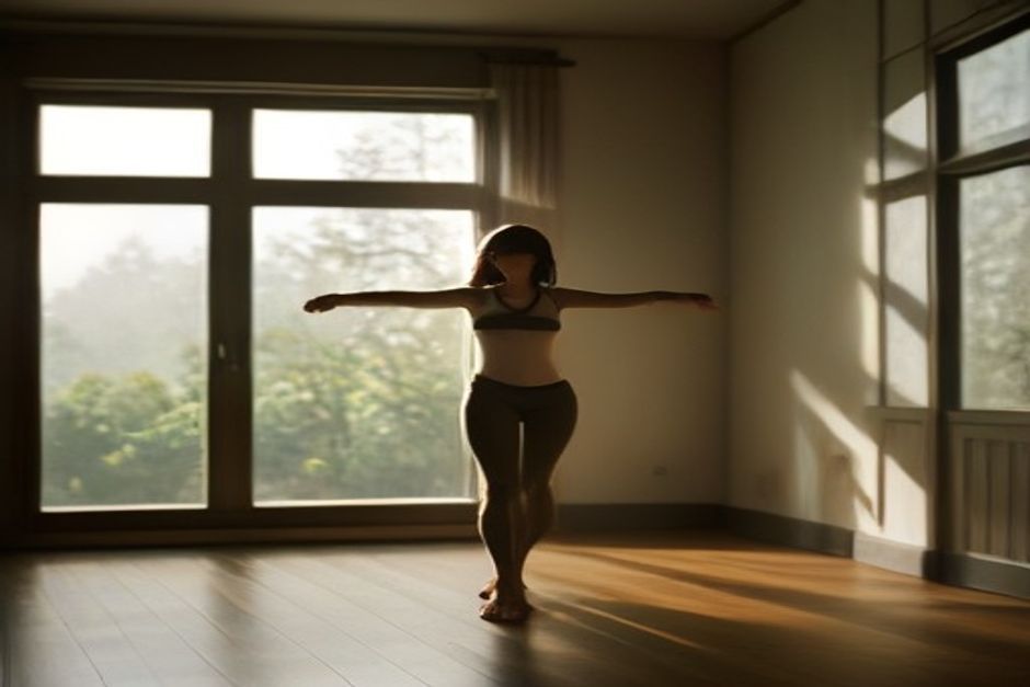 A woman in tree pose by a large window, eyes fixed softly on one spot on the floor in warm morning light