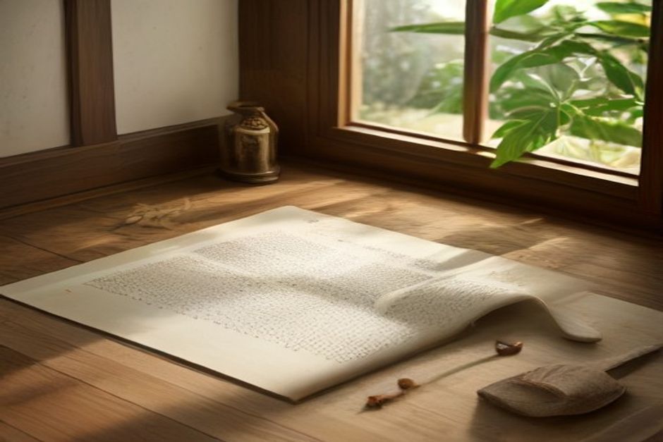 An old palm-leaf manuscript beside a rolled yoga mat and a small brass oil lamp on a wooden floor, soft window light