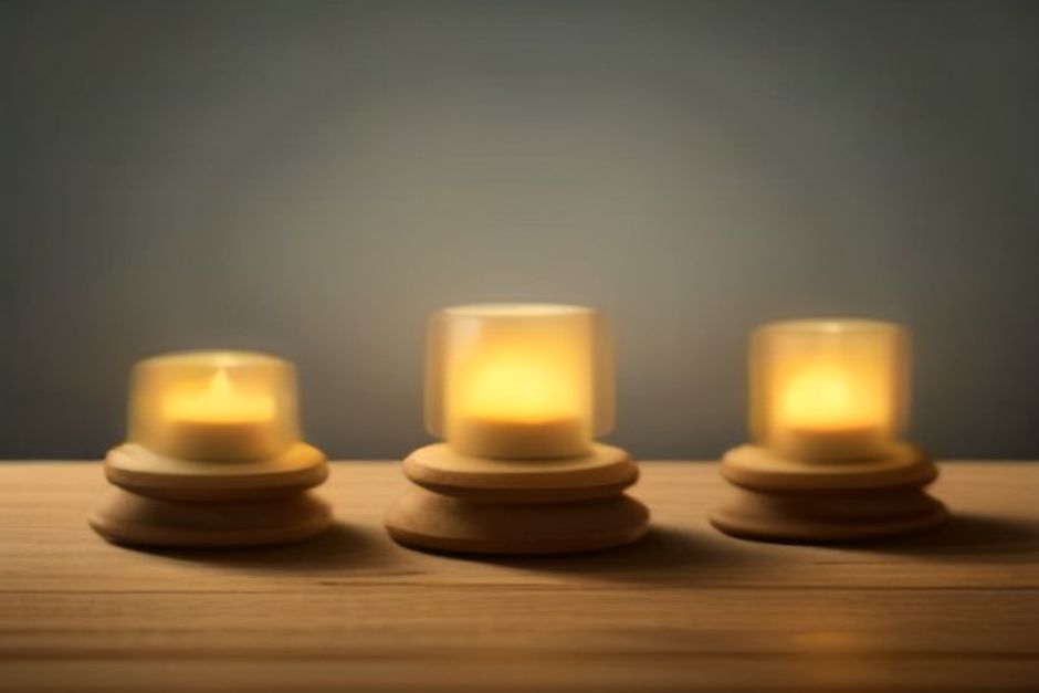 Three stones balanced on a wooden surface beside a small oil lamp, soft morning light, earthy minimal still life