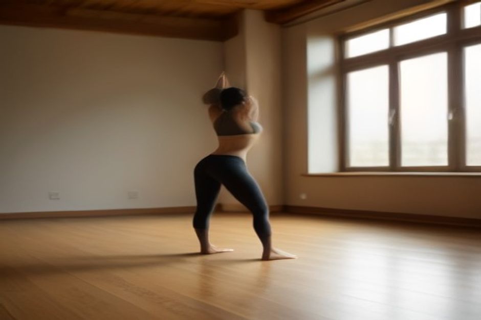 A practitioner holding a steady standing pose in a quiet, naturally lit studio with wooden floors