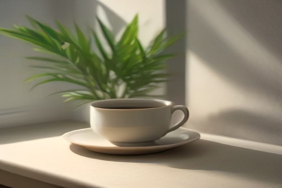 Open hands resting palms-up on a linen cloth beside a cup of tea, soft morning light