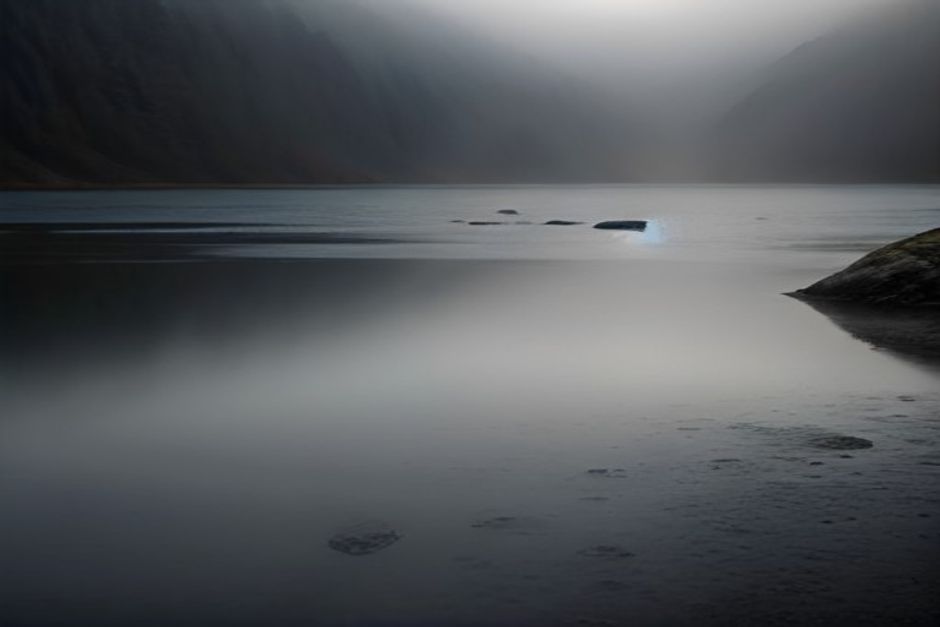 A single stone on an empty misty lake shore at dawn, muted earth tones, minimalist composition