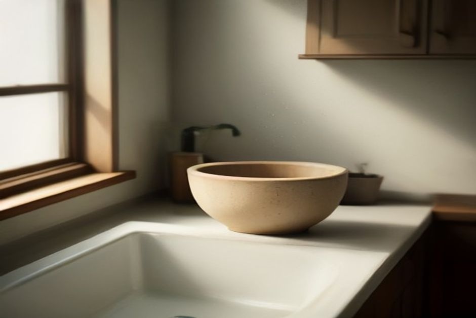 Hands washing a ceramic bowl at a wooden sink in warm window light, soap suds, simple kitchen scene