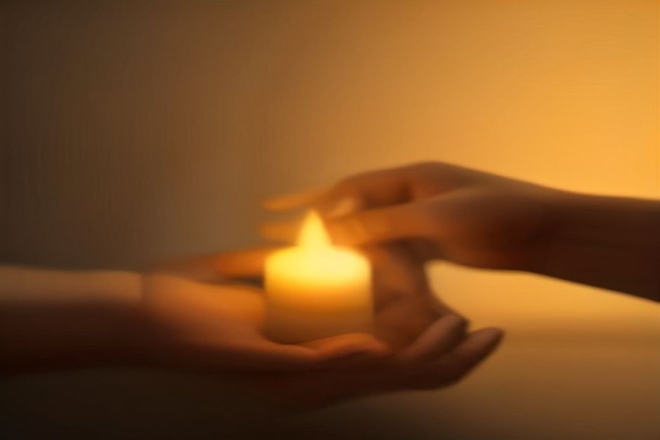 Cupped hands holding a small lit candle in soft dusk light, earth tones, calm and minimalist