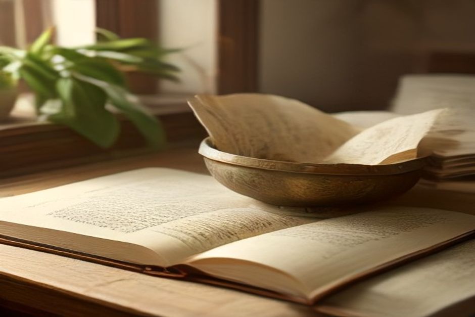 An open old book beside a small brass bowl and dried leaves on linen cloth in soft window light