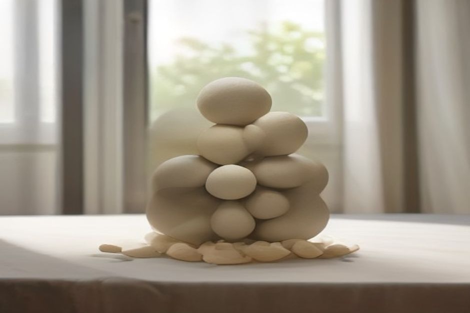 Five nested rounded stones arranged on linen cloth in soft natural light