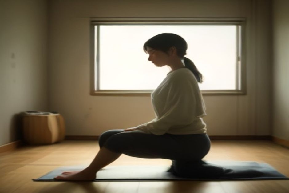 A quiet studio with soft morning light, folded blankets, and a single student sitting in a comfortable meditation seat