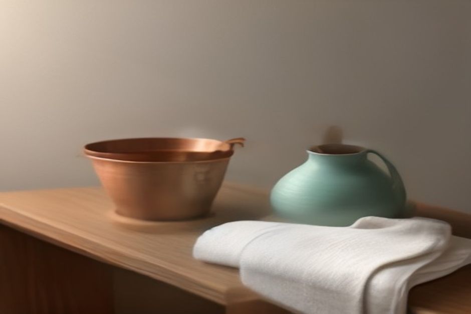 A ceramic neti pot, a small towel, and a copper cup of water arranged on a wooden bench in soft daylight