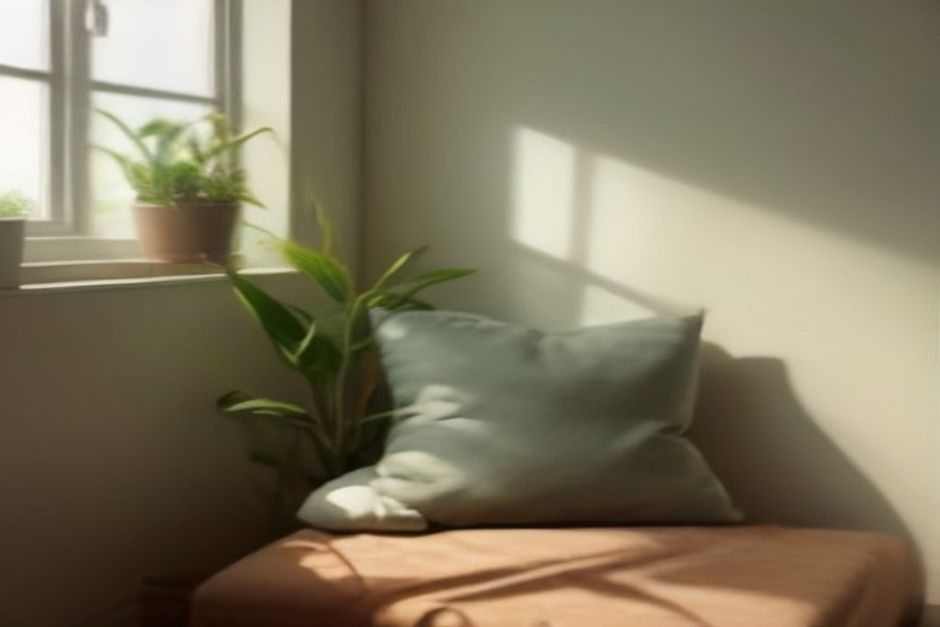 A simple, tidy room corner with a cushion, a candle, and a small plant in warm natural light
