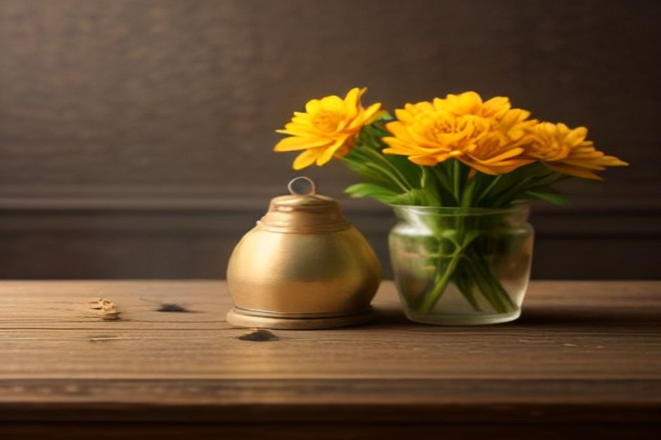 A brass bell and marigold flowers on a weathered wooden table in warm morning light