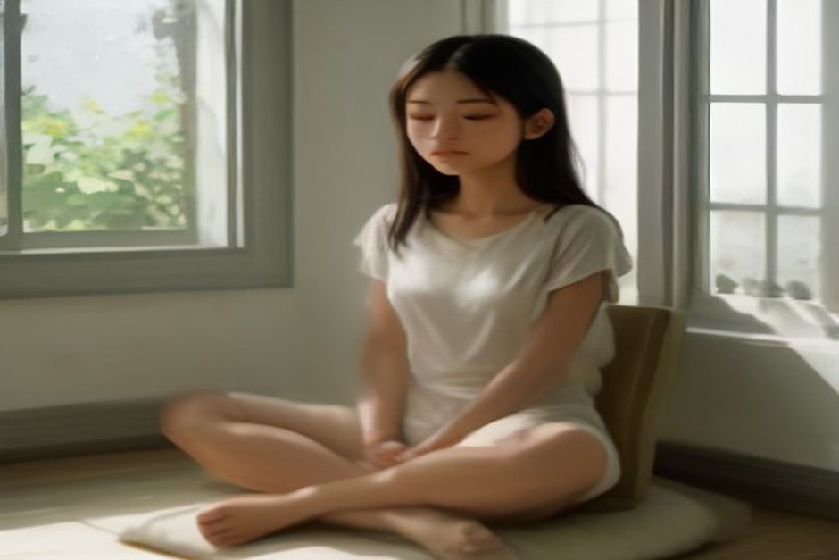A person sitting cross-legged on a cushion by a window, hands resting on the heart, soft morning light