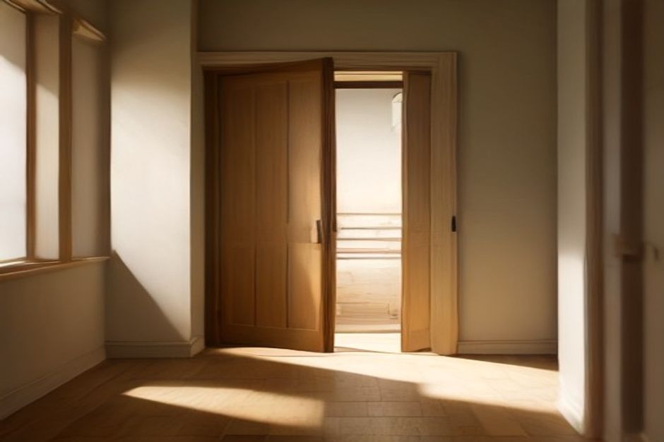 An open wooden door in a simple clay wall, bright daylight streaming through onto a bare floor