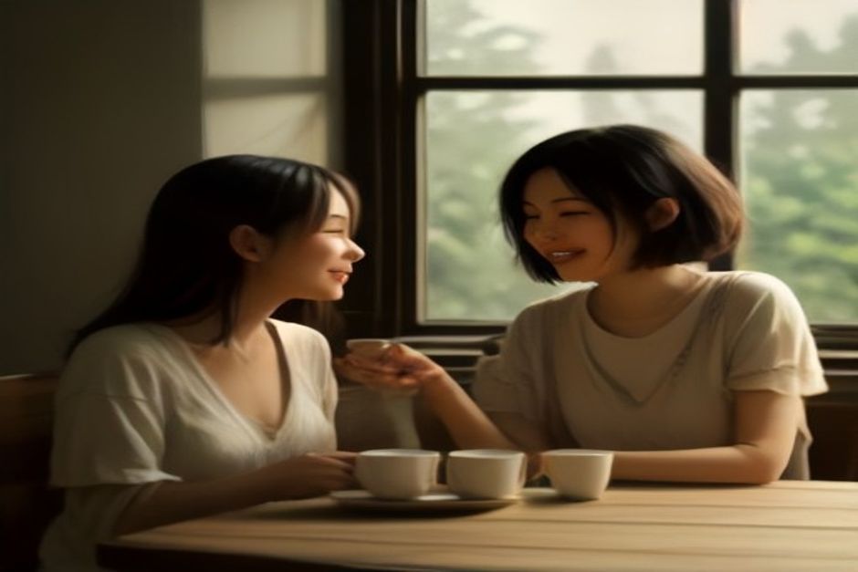 Two friends laughing together over tea in warm natural light