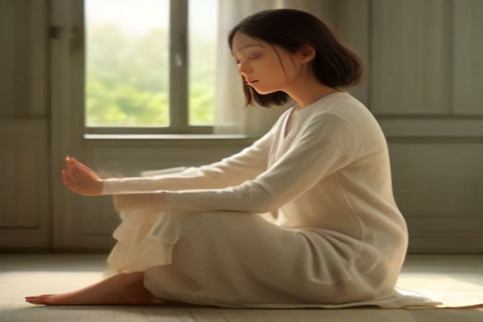 Hands resting palms-up on knees in a simple meditation gesture, warm natural light