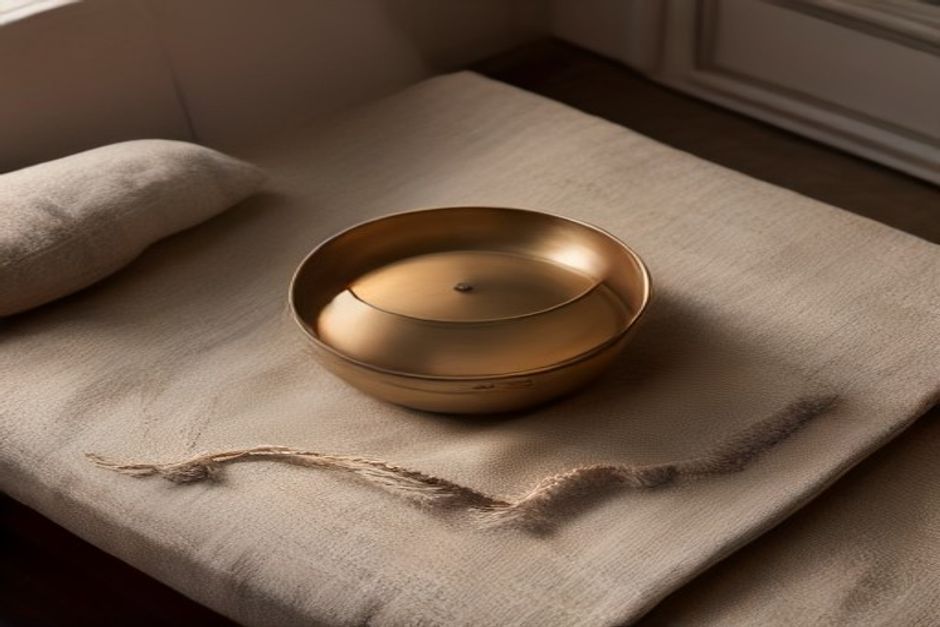 A small bronze singing bowl on a linen cloth beside a cushion, warm side light, minimalist still life