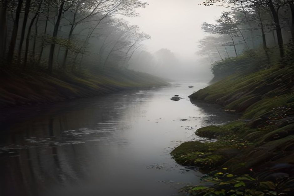 A calm river splitting into two gentle channels at dawn, soft mist and muted earth tones