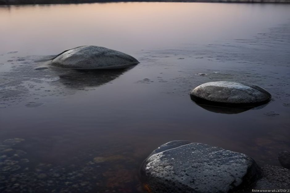 A still pond at dawn reflecting soft gray sky, a single smooth stone on the shore, minimalist, muted earth tones