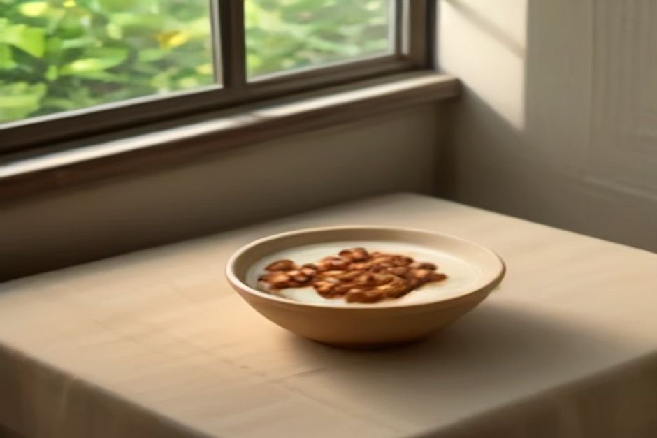 A simple bowl of warm milk with nuts and a linen cloth on a wooden table, soft natural window light, earth tones