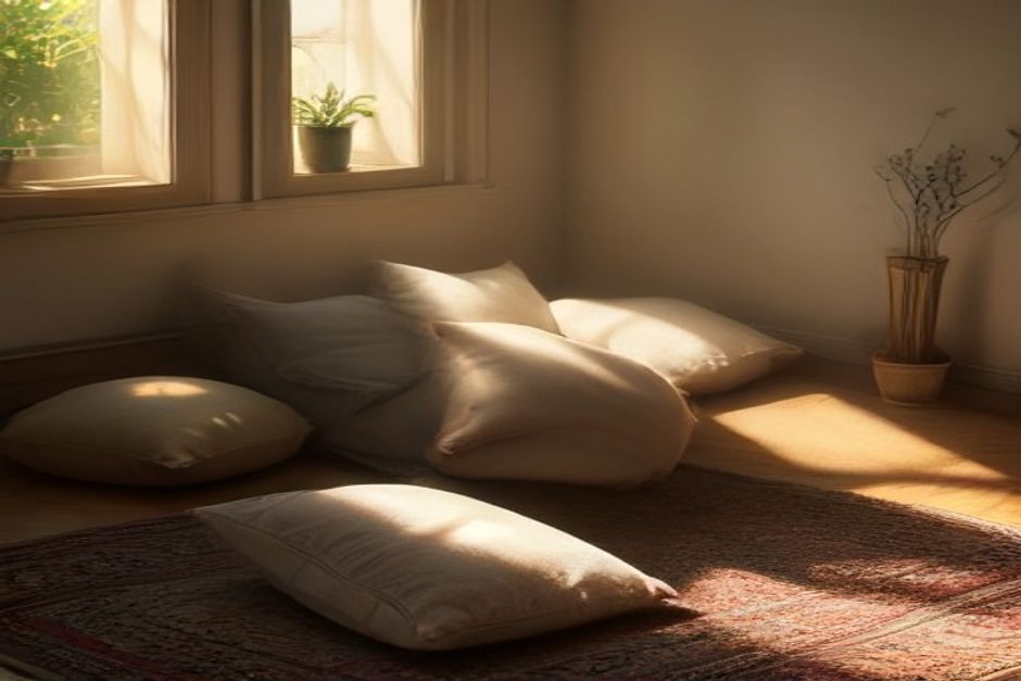 Morning sunlight streaming across a quiet room with a single meditation cushion on a woven rug