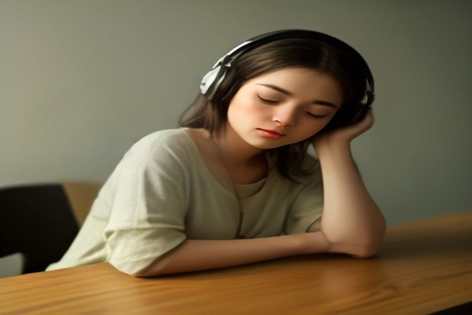 A person sitting with closed eyes in a quiet room, soft evening light, headphones resting on a table beside them