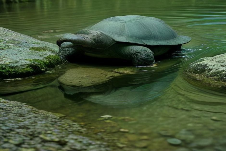 A tortoise resting on a smooth river stone beside calm water in soft morning light