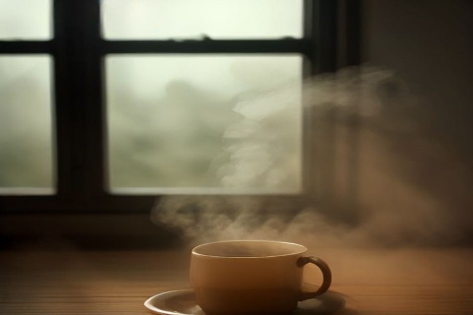 Steam rising from a cup of tea on a windowsill with busy street blurred below, warm tones