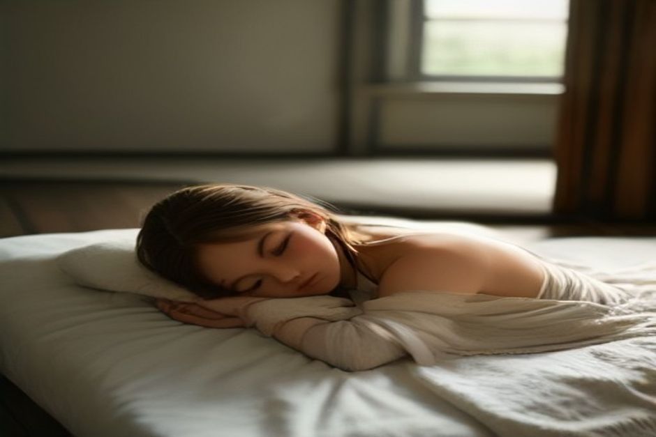 A person resting over a bolster in a fully supported pose, covered with a blanket, in soft warm light