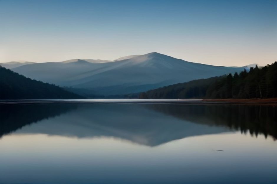 A still mountain lake at dawn, perfectly calm water reflecting a pale sky