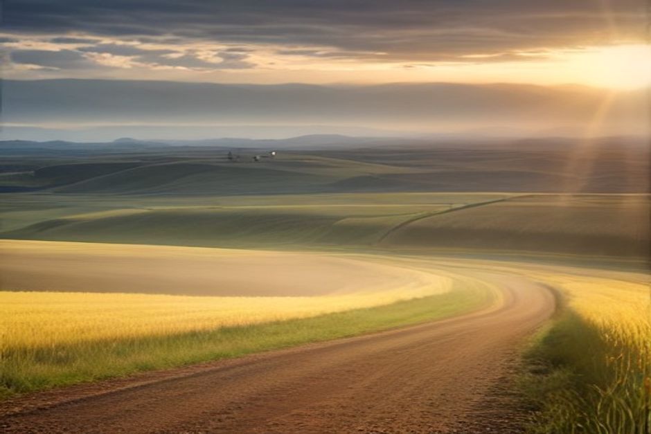 A dirt path with deep wagon wheel ruts running through soft earth in warm afternoon light