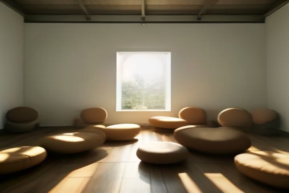 A small circle of people sitting on meditation cushions in a warm, sunlit practice room