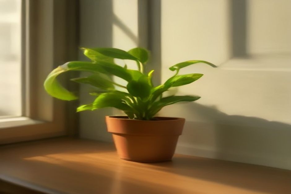 A small seedling in a terracotta pot on a wooden windowsill in soft morning light