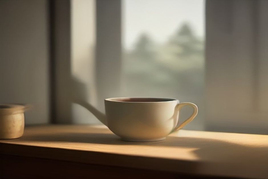 A simple clay cup of tea on a wooden windowsill in soft afternoon light, calm and uncluttered