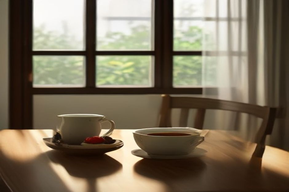 A calm breakfast table with fruit, tea, and morning light through a window, simple and uncluttered