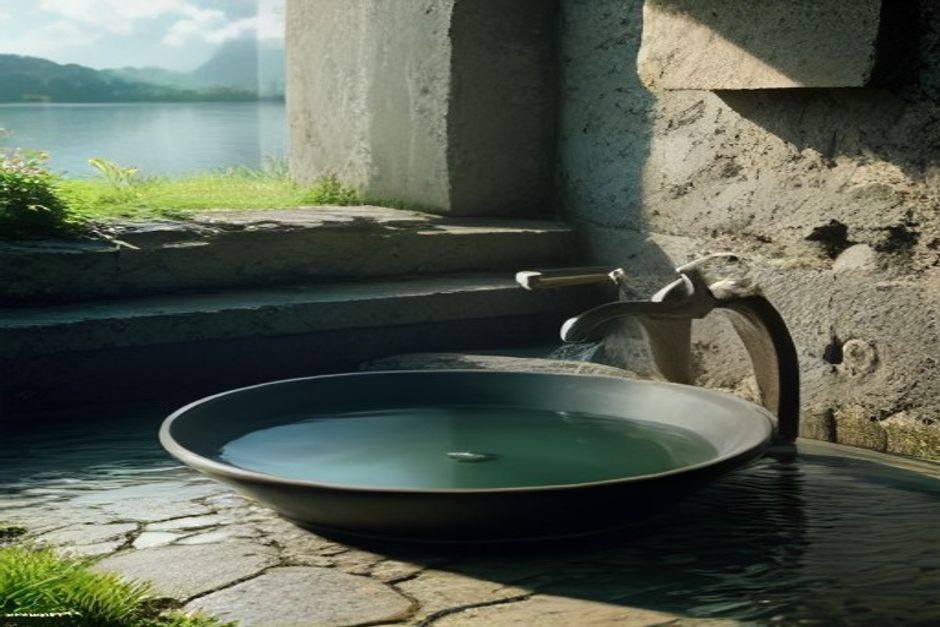 Still water in a stone basin reflecting a clear sky, calm minimalist scene, natural light, earthy tones