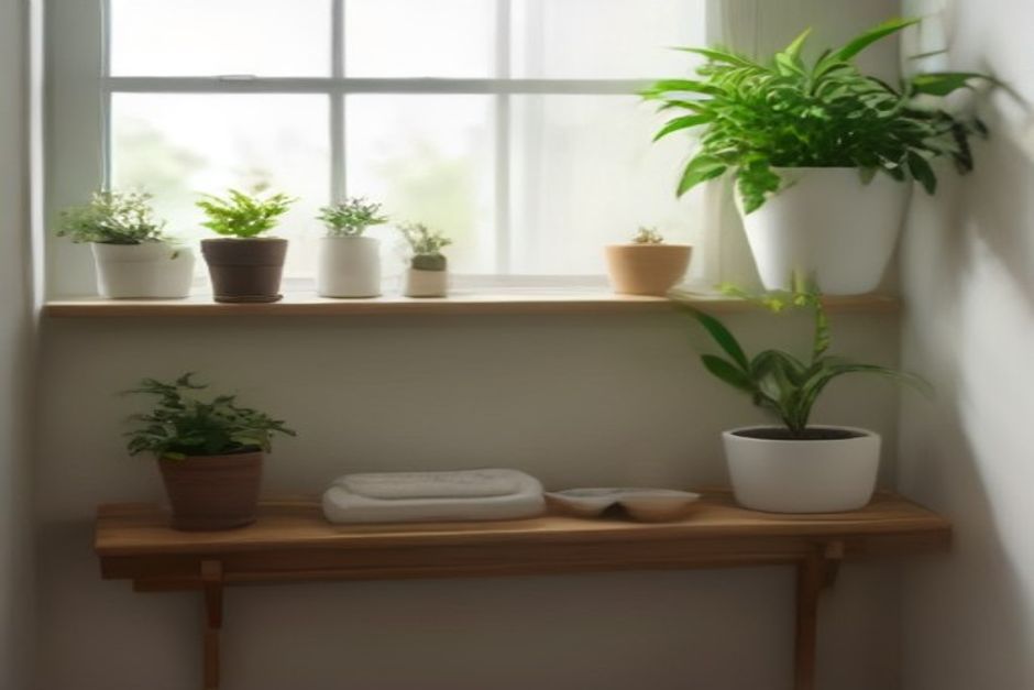 A tidy wooden shelf with a folded cotton yoga blanket, a small plant, and soft morning light
